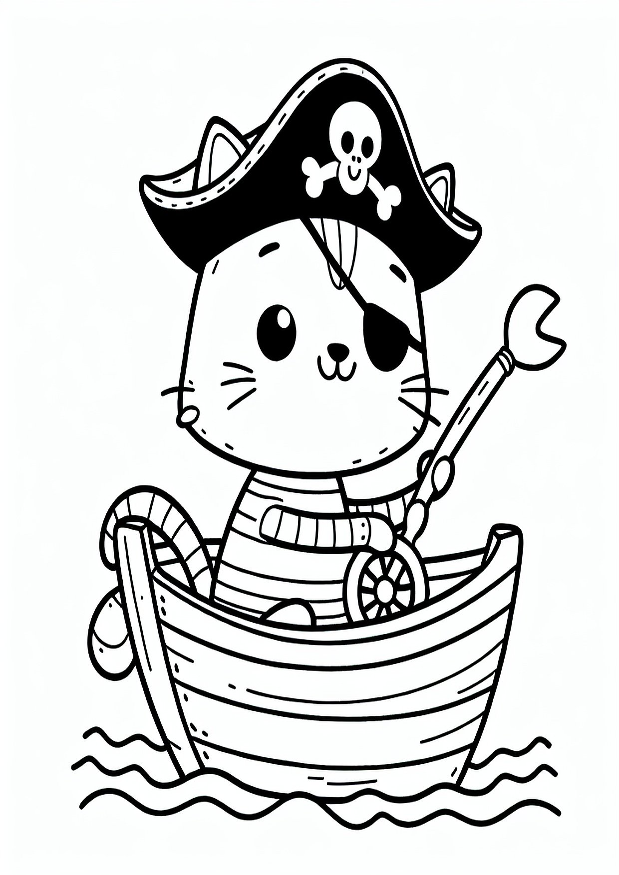Piratas katinas plaukia žaisliniu laiveliu